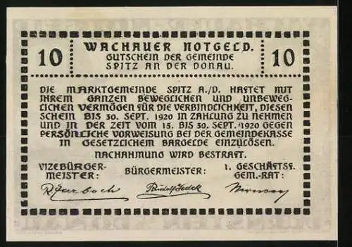 Notgeld Spitz / Donau 1920, 10 Heller, Ansicht von Dürnstein an der Donau, Wachauer Notgeld