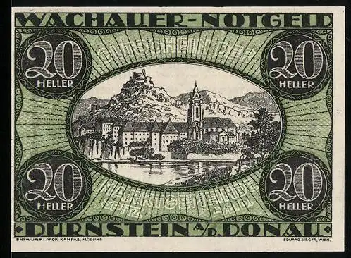 Notgeld Spitz / Donau 1920, 20 Heller, Ansicht auf Burgruine und Kirche an der Donau