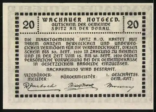 Notgeld Spitz / Donau 1920, 20 Heller, Ansicht auf Burgruine und Kirche an der Donau