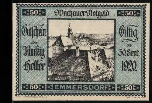 Notgeld Spitz / Donau 1920, 50 Heller, Dorfansicht mit Kirche, gültig bis 30. Sept. 1920