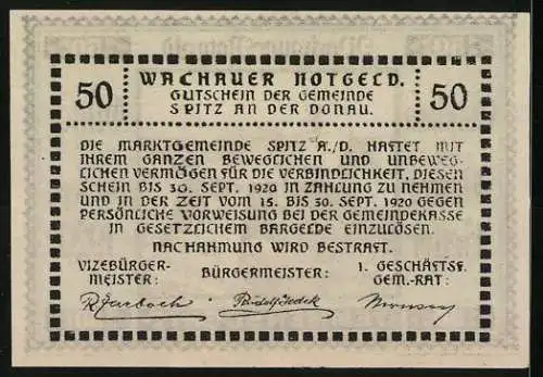 Notgeld Spitz / Donau 1920, 50 Heller, Dorfansicht mit Kirche, gültig bis 30. Sept. 1920