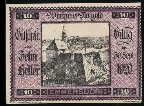 Notgeld Spitz / Donau 1920, 10 Heller, Ortsansicht mit Kirche und Burg, Wachauer Notgeld