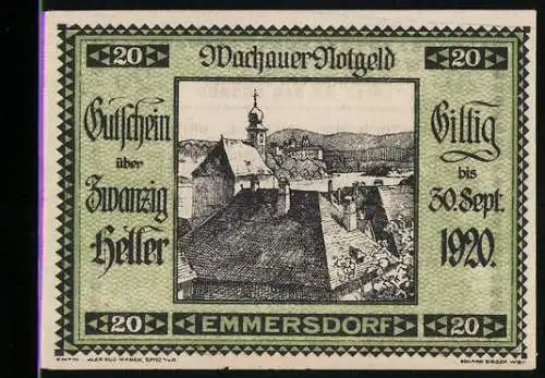 Notgeld Spitz / Donau 1920, 20 Heller, Stadtansicht mit Kirche und Bergen