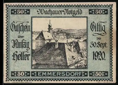 Notgeld Spitz / Donau 1920, 50 Heller, Dachlandschaft und Kirche im Hintergrund