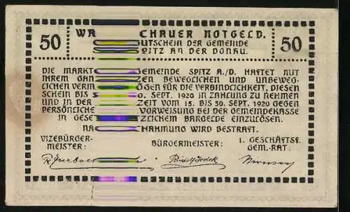 Notgeld Spitz / Donau 1920, 50 Heller, Dachlandschaft und Kirche im Hintergrund