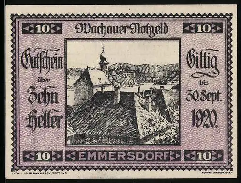 Notgeld Spitz / Donau 1920, 10 Heller, Dachlandschaft mit Kirchturm, gültig bis 30. Sept. 1920