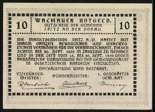 Notgeld Spitz / Donau 1920, 10 Heller, Dachlandschaft mit Kirchturm, gültig bis 30. Sept. 1920