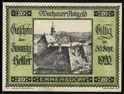 Notgeld Spitz / Donau 1920, 20 Heller, Stadtansicht mit Kirche, gültig bis 30. Sept. 1920