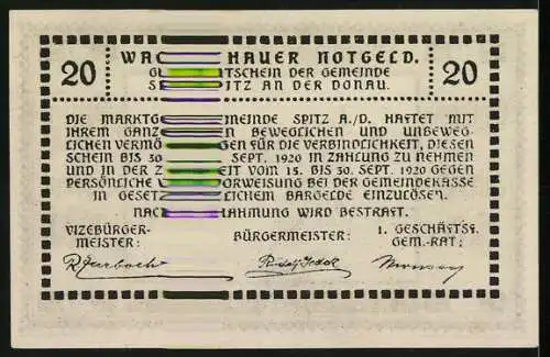 Notgeld Spitz / Donau 1920, 20 Heller, Stadtansicht mit Kirche, gültig bis 30. Sept. 1920