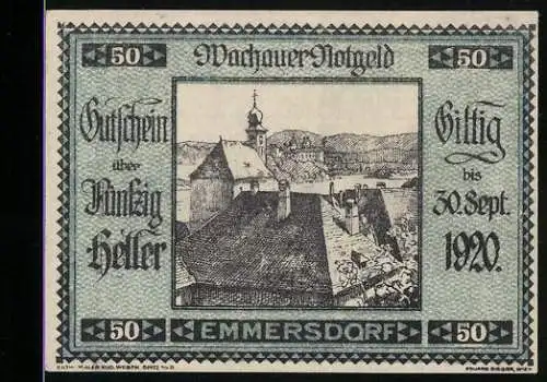 Notgeld Spitz / Donau 1920, 50 Heller, Dachlandschaft und Kirche, gültig bis 30. Sept. 1920, Wachauer Notgeld