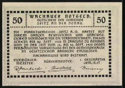 Notgeld Spitz / Donau 1920, 50 Heller, Dachlandschaft und Kirche, gültig bis 30. Sept. 1920, Wachauer Notgeld