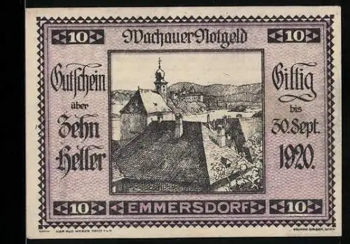 Notgeld Spitz / Donau 1920, 10 Heller, Dachansicht mit Kirche, gültig bis 30. Sept. 1920