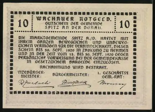 Notgeld Spitz / Donau 1920, 10 Heller, Dachansicht mit Kirche, gültig bis 30. Sept. 1920