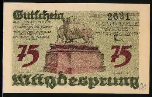 Notgeld Mägdesprung, 75 Pfennig, Hirsch-Statue auf Sockel, Landschaft mit Häusern und Turm, Seriennummer 2621