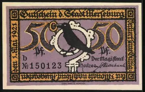 Notgeld Merseburg 1921, 50 Pfennig, Schlossansicht und Rabe mit Schlüssel, Seriennummer 150123