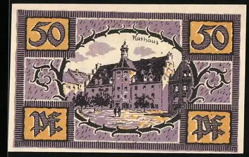 Notgeld Merseburg 1921, 50 Pfennig, Rathaus und Rabe, Seriennummer 150123