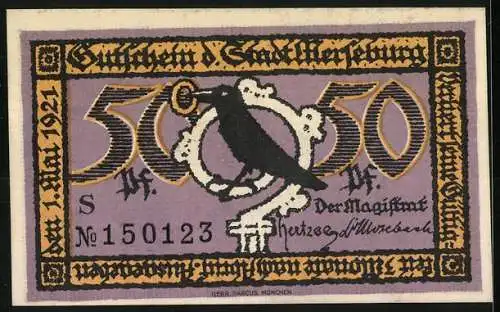 Notgeld Merseburg 1921, 50 Pfennig, Rathaus und Rabe, Seriennummer 150123