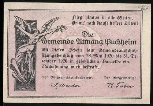 Notgeld Attnang-Puchheim 1920, 20 Heller, Engel mit Rad und Landschaftsansicht