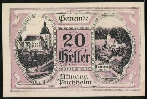 Notgeld Attnang-Puchheim 1920, 20 Heller, Engel mit Rad und Landschaftsansicht