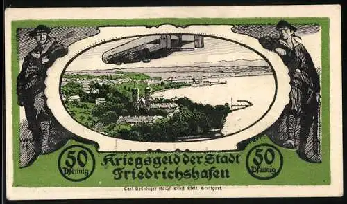 Notgeld Friedrichshafen 1920, 50 Pfennig, Zeppelin Luftschiff und Landschaftsmotiv, Seriennummer 90295, Wappen