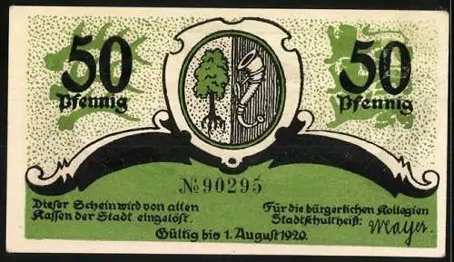 Notgeld Friedrichshafen 1920, 50 Pfennig, Zeppelin Luftschiff und Landschaftsmotiv, Seriennummer 90295, Wappen