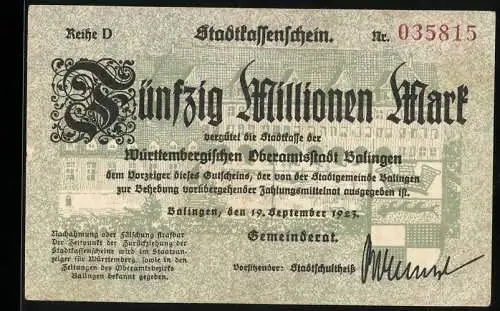 Notgeld Balingen 1923, 50 Millionen Mark, Stadtansicht und Wappen, Nr. 035815