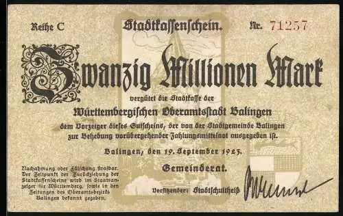 Notgeld Balingen 1923, 20 Millionen Mark, Seriennummer 71257, dekorative Typografie, Stadtansicht im Hintergrund