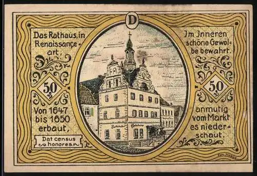 Notgeld Colditz 1921, 50 Pfennig, Rathaus im Renaissancestil und Stadtwappen von Sachsen