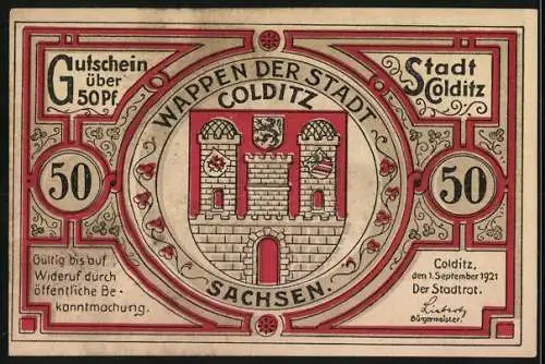 Notgeld Colditz 1921, 50 Pfennig, Rathaus im Renaissancestil und Stadtwappen von Sachsen