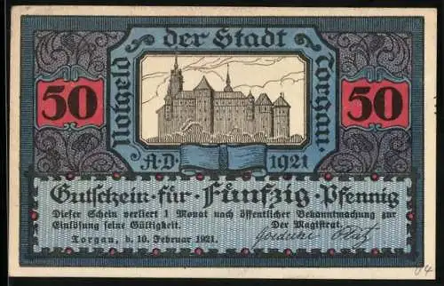 Notgeld Torgau 1921, 50 Pfennig, Schlossansicht und Ritter auf Pferd