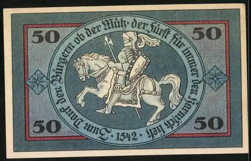 Notgeld Torgau 1921, 50 Pfennig, Schlossansicht und Ritter auf Pferd