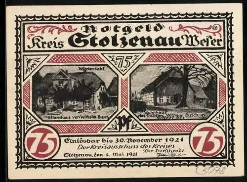 Notgeld Stolzenau 1921, 75 Pfennig, Wilhelm Busch Häuser und Karikatur von Menschen am Tisch