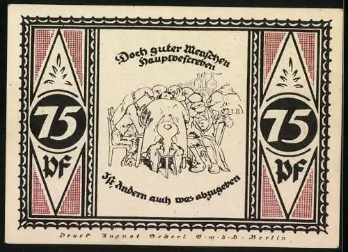Notgeld Stolzenau 1921, 75 Pfennig, Wilhelm Busch Häuser und Karikatur von Menschen am Tisch