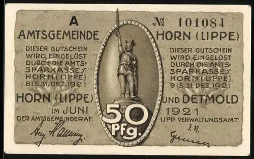 Notgeld Horn (Lippe) 1921, 50 Pfennig, Hermann-Denkmal und römische Soldaten, Seriennummer 101084