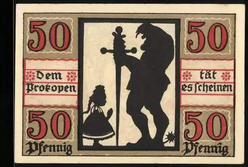 Notgeld Naumburg 1920, 50 Pfennig, Silhouette mit Prokop und Wappen mit gekreuzten Schwertern, Seriennummer 45684