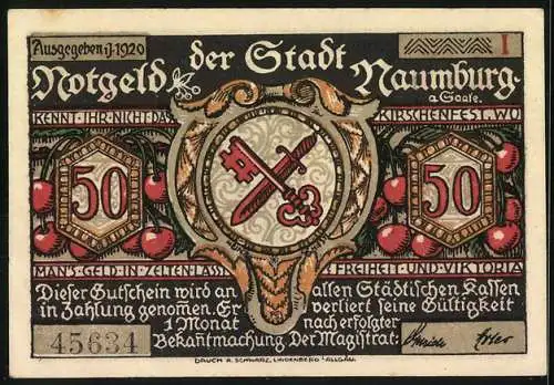 Notgeld Naumburg 1920, 50 Pfennig, Silhouette mit Prokop und Wappen mit gekreuzten Schwertern, Seriennummer 45684