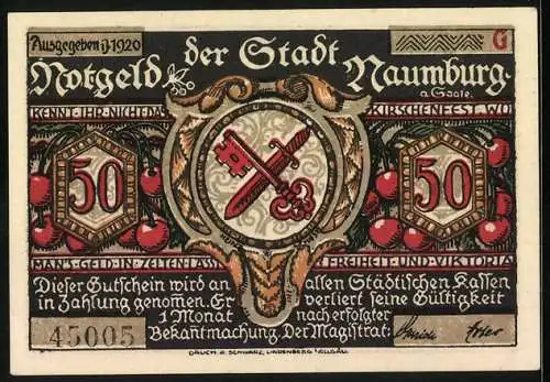 Notgeld Naumburg 1920, 50 Pfennig, Kinder mit Fackel, Schlüssel und Schwert, Seriennummer 45005, Stadtwappen