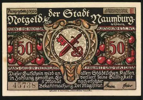 Notgeld Naumburg 1920, 50 Pfennig, Familiensilhouette und Schlüsselwappen, Seriennummer 45788