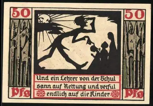 Notgeld Naumburg 1920, 50 Pfennig, Lehrer mit Kindern und Schlüsselwappen, Seriennummer 45141