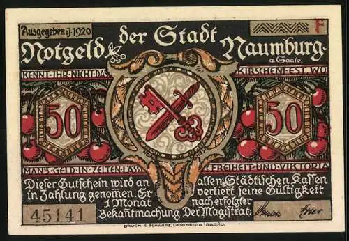 Notgeld Naumburg 1920, 50 Pfennig, Lehrer mit Kindern und Schlüsselwappen, Seriennummer 45141