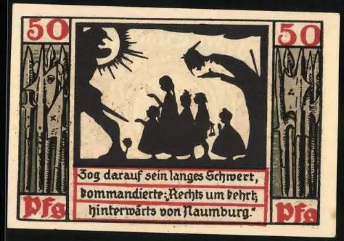 Notgeld Naumburg 1920, 50 Pfennig, Schlüssel und Schwert, Schattenspiel mit Ritter und Frauen, Seriennummer 45438