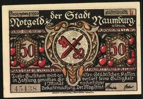 Notgeld Naumburg 1920, 50 Pfennig, Schlüssel und Schwert, Schattenspiel mit Ritter und Frauen, Seriennummer 45438