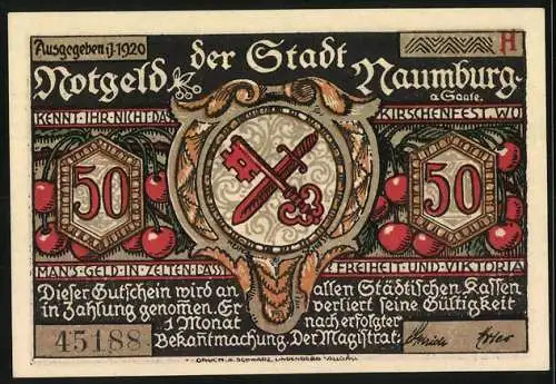 Notgeld Naumburg 1920, 50 Pfennig, Schlüsselmotive und symbolische Szene, Serienschein 45188, Stadtwappen