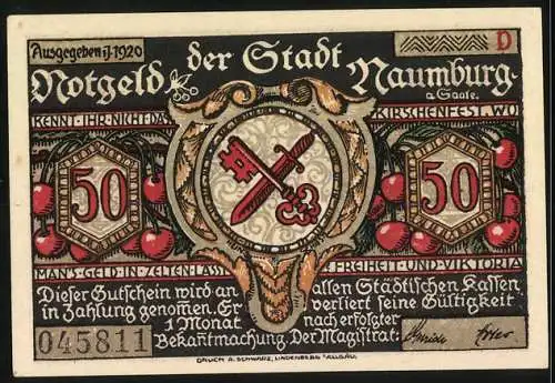 Notgeld Naumburg 1920, 50 Pfennig, betende Figur, Stadtansicht, gekreuzte Schlüssel, Seriennummer 045811, Wappen