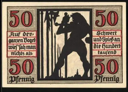 Notgeld Naumburg 1920, 50 Pfennig, Krieger mit Speeren und Stadtwappen mit Schlüssel und Schwert, Seriennummer 045711