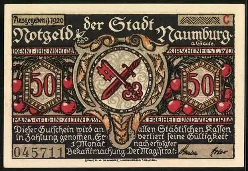 Notgeld Naumburg 1920, 50 Pfennig, Krieger mit Speeren und Stadtwappen mit Schlüssel und Schwert, Seriennummer 045711