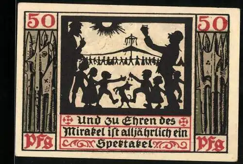 Notgeld Naumburg 1920, 50 Pfennig, Silhouetten-Spektakel und Wappen mit Schwert und Schlüssel, Seriennummer 45448