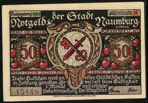 Notgeld Naumburg 1920, 50 Pfennig, Silhouetten-Spektakel und Wappen mit Schwert und Schlüssel, Seriennummer 45448