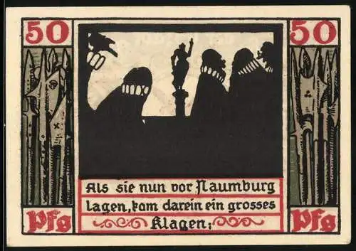 Notgeld Naumburg 1920, 50 Pfennig, Silhouetten-Szene und Stadtwappen, Seriennummer 045811