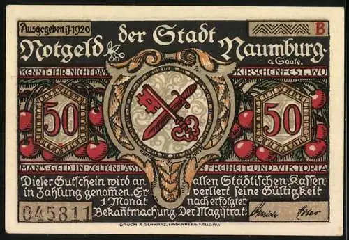 Notgeld Naumburg 1920, 50 Pfennig, Silhouetten-Szene und Stadtwappen, Seriennummer 045811